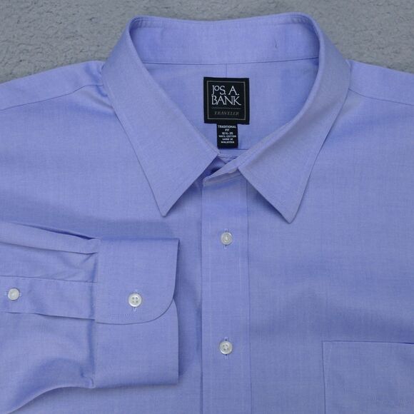 Jos A Bank Traveler Button Shirt Mens 18 1/2 - 35 Traditional Blue Long Sleeve - Picture 1 of 16